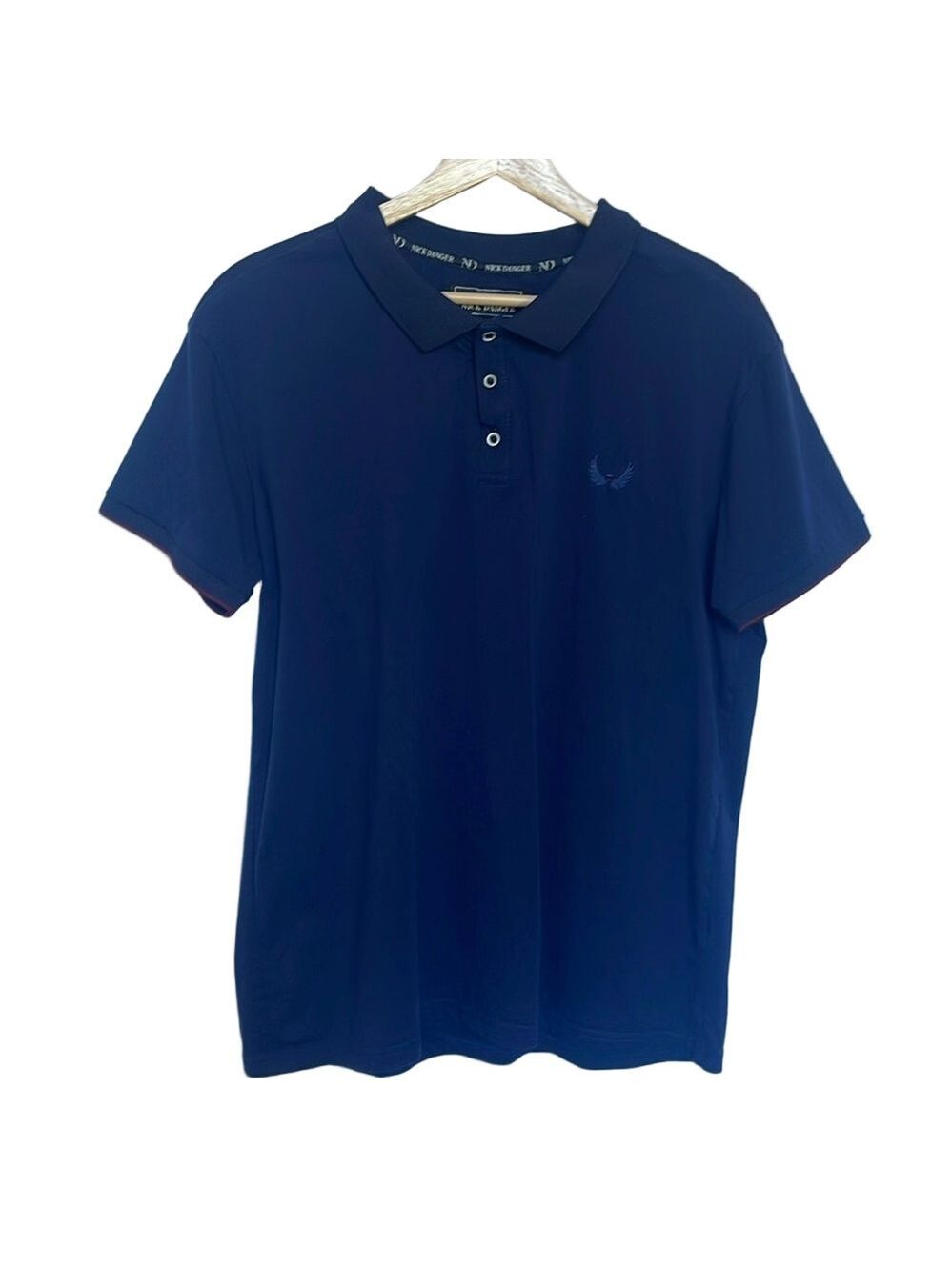 Nick Danger Men's Polo Shirt Size XL in Navy Red Trim Stretch Cotton Blend EUC